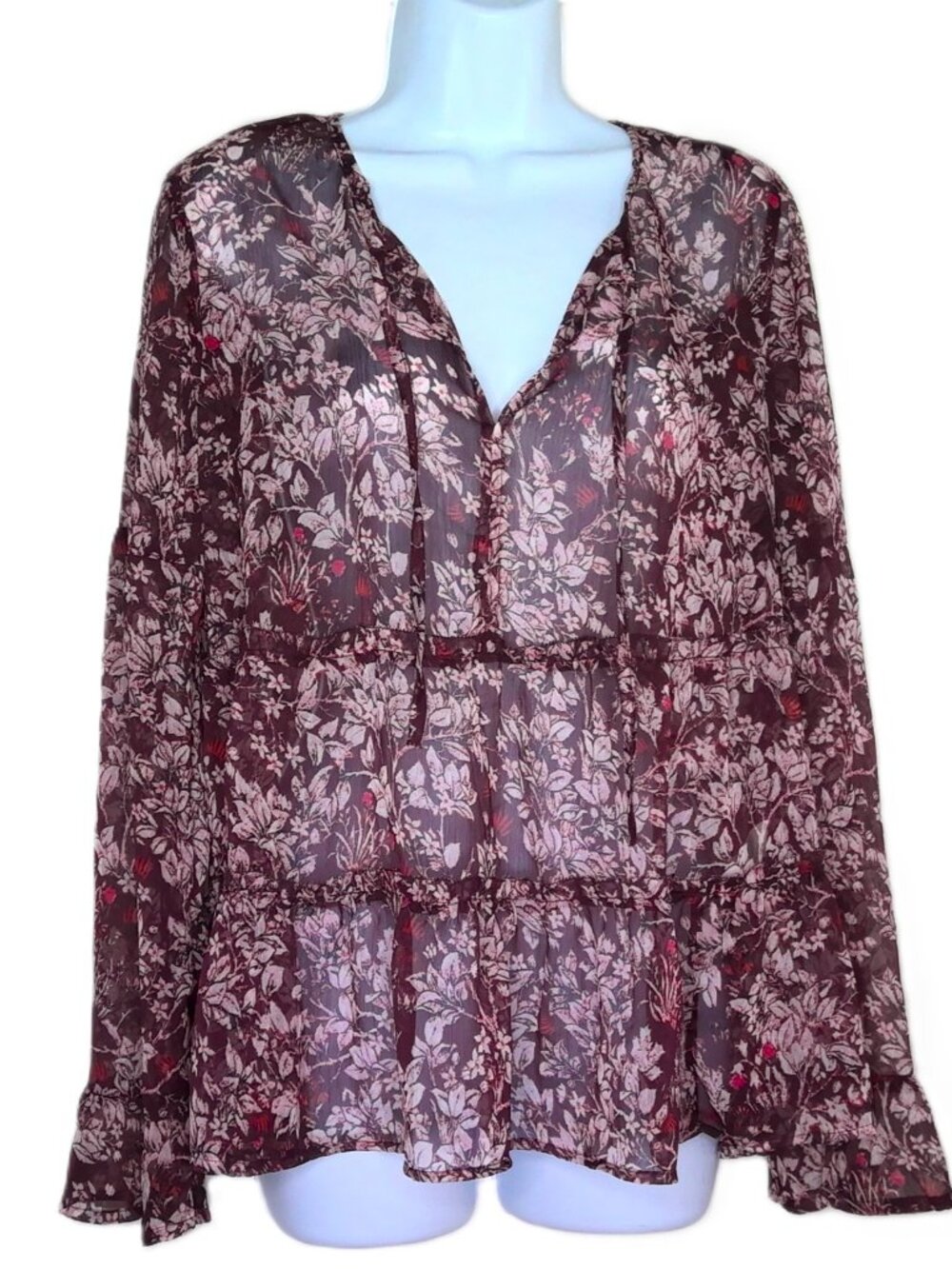 Lucky Brand Babydoll Top Semi Sheer Boho Floral Flowy Bell Sleeve Dark Fairy M